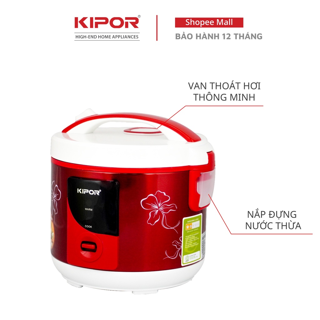 Nồi cơm điện KIPOR KP-N25912 - 1.2L - Phủ chống dính HOÀNG KIM, Nồi cơm có tặng kèm vỉ hấp - Bảo hành tại nhà 12 tháng