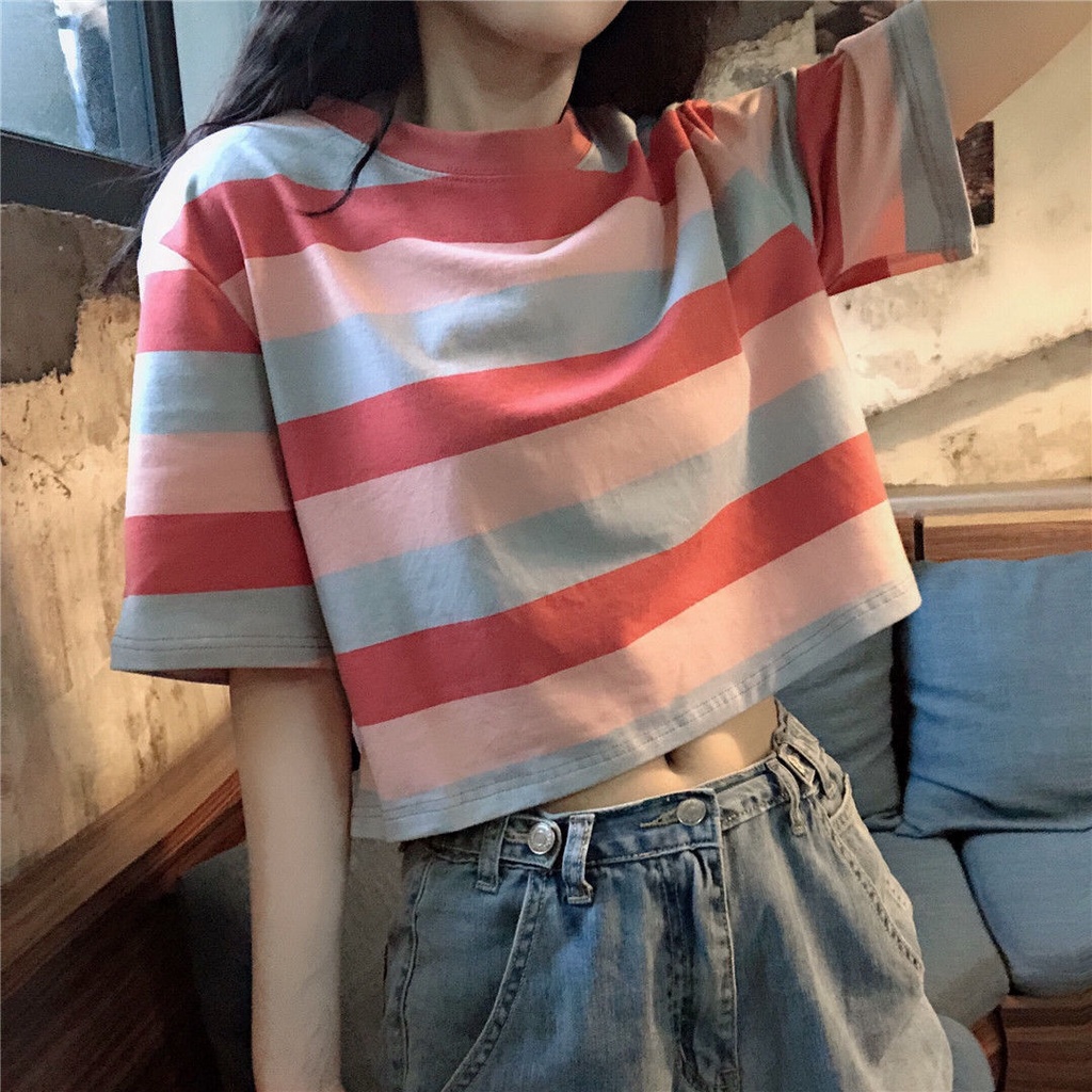 Áo thun croptop tay ngắn dáng rộng họa tiết kẻ sọc phong cách Hàn Quốc đáng yêu thời trang dành cho nữ