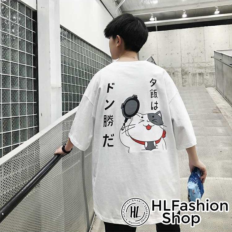 Áo thun tay lỡ form rộng con mèo nhật bản cầm cái chảo dễ thương đáng yêu, áo phông in HLFashion | BigBuy360 - bigbuy360.vn