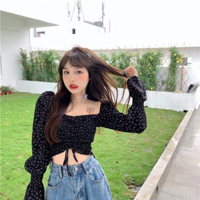 [Mã WASTUP giảm 10% tối đa 30K đơn 99K] [Có sẵn+ảnh thật] Áo croptop hoa nhí dây rút phong cách Hàn Quốc | BigBuy360 - bigbuy360.vn