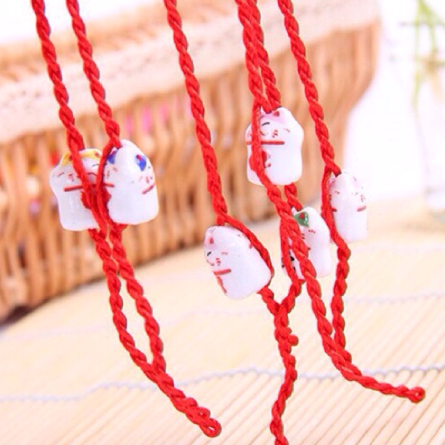 (Hcm) Vòng tay chỉ đỏ mèo may mắn mèo gốm sứ