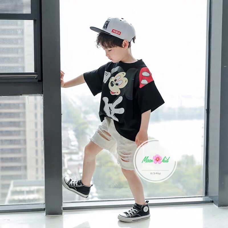 Set Bộ Áo Thun Mickey 3 Màu Phối Jean Lừng Phong Cách Cho Bé Trai NamKidShop (V351)