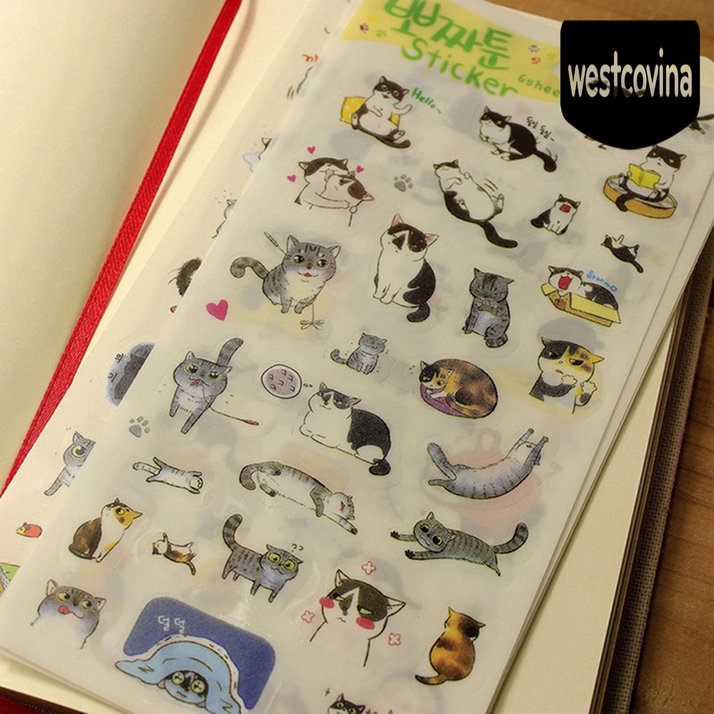 Phương Tây✎Set 6 Tấm Hình Dán Mèo Trong Suốt Trang Trí Nhật Ký