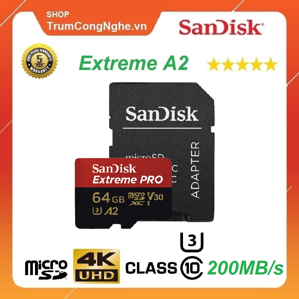 Thẻ Nhớ MicroSDXC SanDisk Extreme Pro V30 A2 64GB 200MB/s SDSQXCU-064G-GN6MA