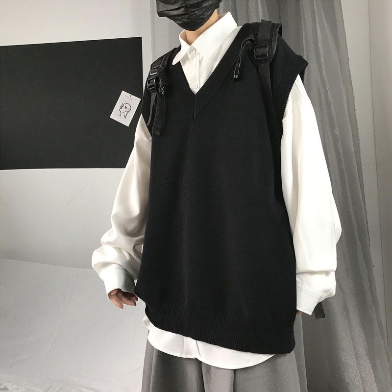 Áo Sweater Không Tay Cổ Chữ V Dáng Rộng Màu Trơn Thời Trang Đơn Giản Phong Cách Hàn Quốc Thanh Lịch Dễ Phối Cho Nam