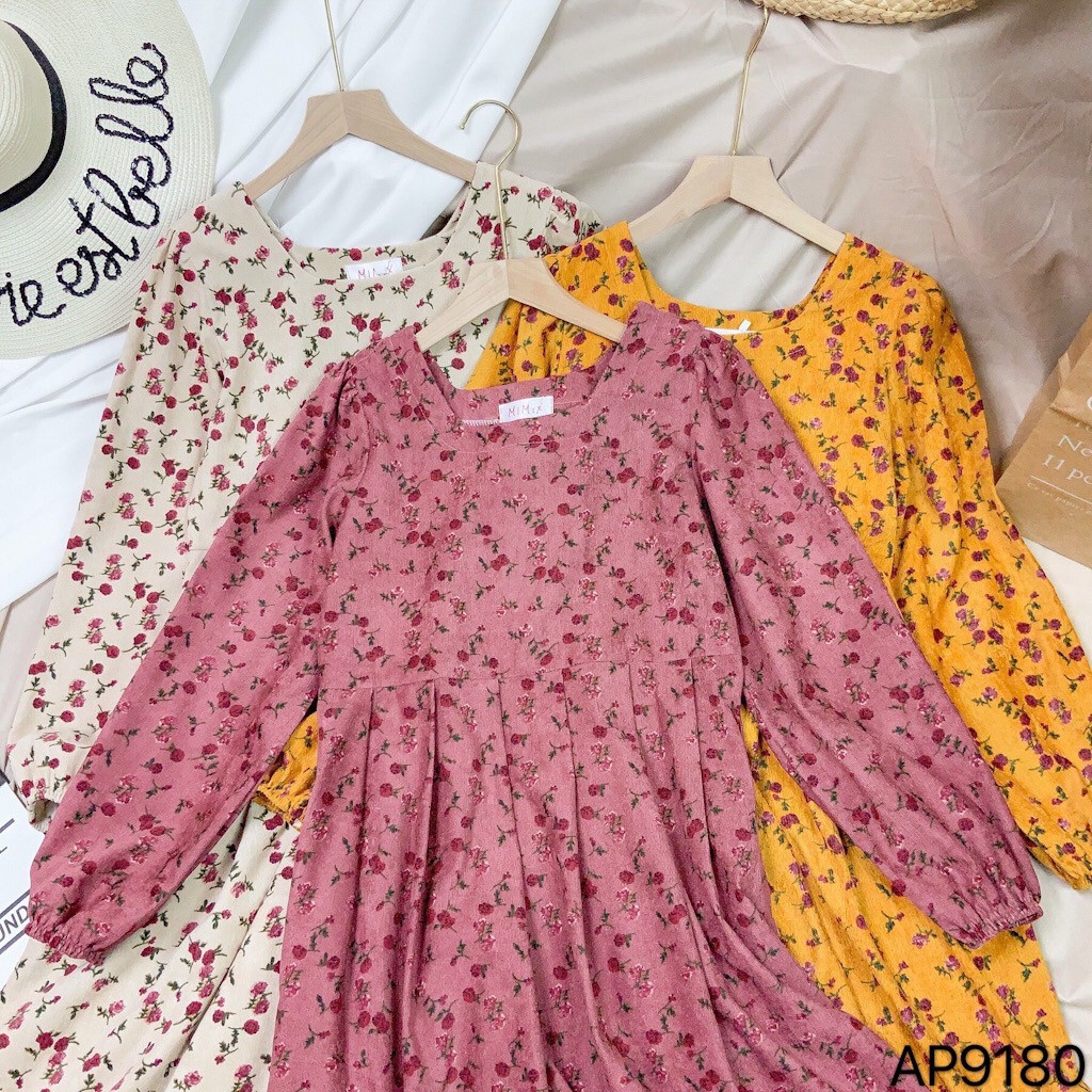 Đầm Maxi hoa, vải nhung tăm, phối xếp li, đầm Vintage đi biển, du lịch, chụp ảnh