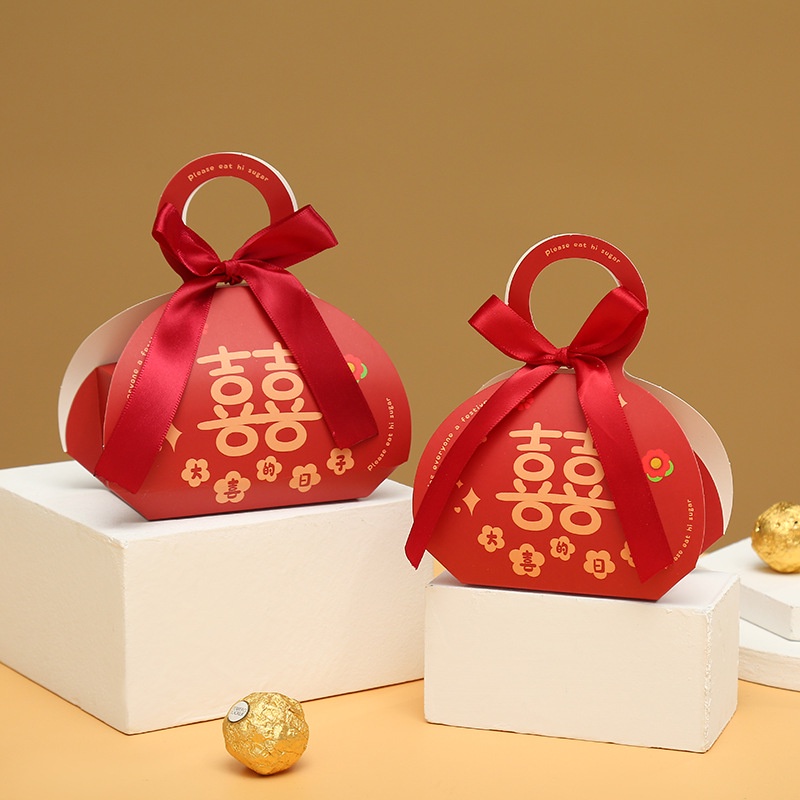 Set 10 Hộp Giấy Đựng Bánh Kẹo Đám Cưới Hình Chữ Hỷ Buộc Nơ Đỏ Xinh Xắn 8*5*14cm MARRYSTORE