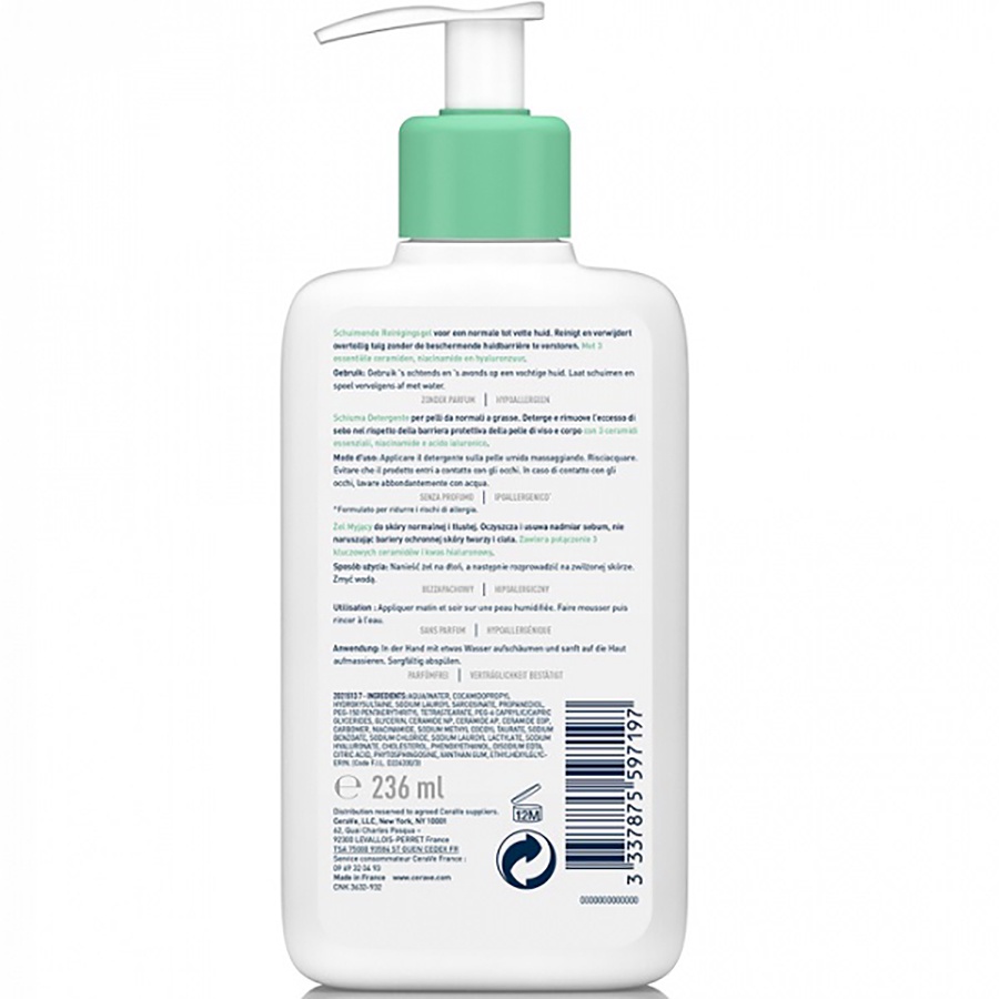 Sữa Rửa Mặt Dạng Gel CeraVe Foaming Cleanser For Normal To Oily Skin USA chính hãng 236ml