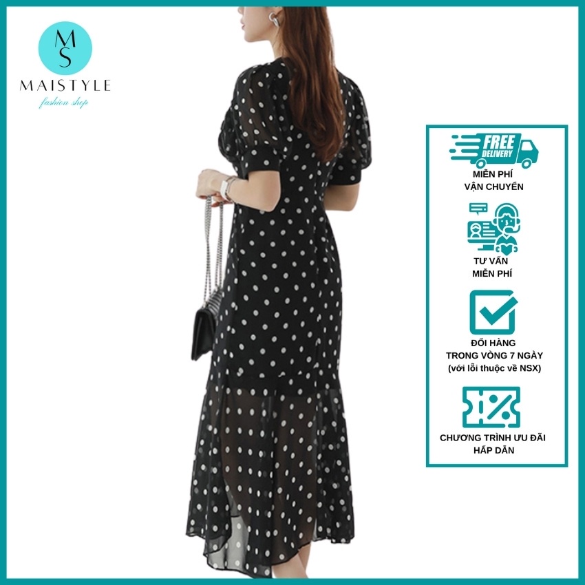 Đầm công sở MAISTYLE Váy nữ chấm bi dáng dài qua gối thiết kế tay phồng đuôi cá Đầm voan midi xòe tay ngắn MY1100 | BigBuy360 - bigbuy360.vn
