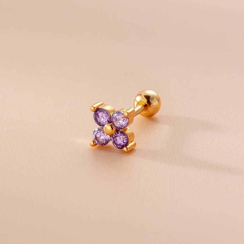 1 Khuyên Tai Dạng Thanh Tạ Thẳng 6mm Bằng Thép Không Gỉ Đính Đá Zircon Màu Tím