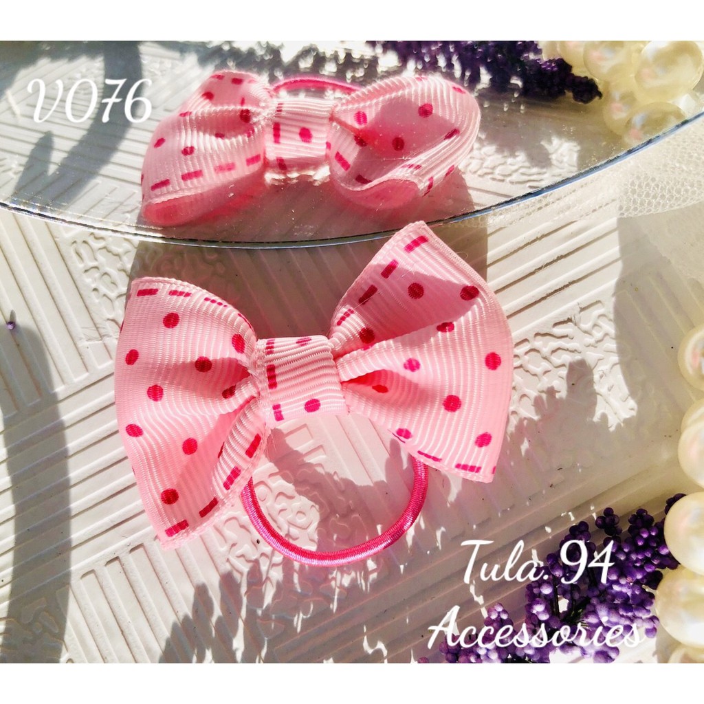 Bộ buộc, kẹp nơ hồng chấm bi cho cả gia đình