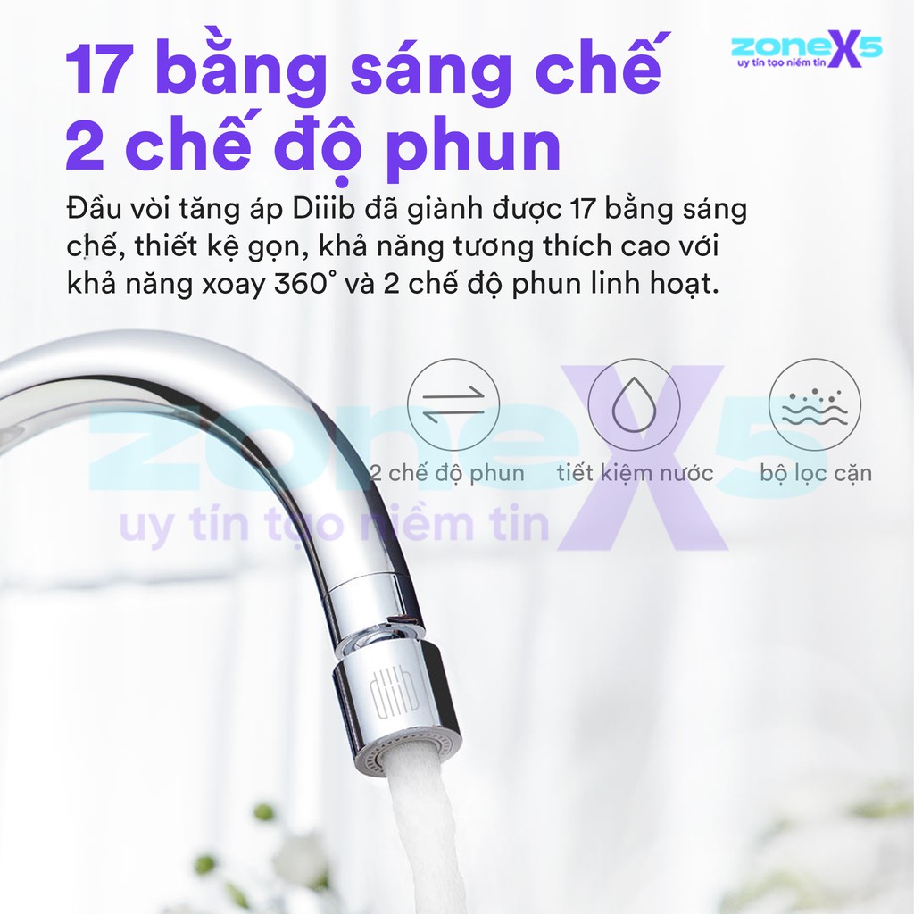 Đầu vòi nước tăng áp Xiaomi DiiiB - Xoay 360 độ, 2 chế độ phun