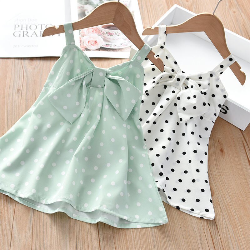 Đầm Mini Không Tay Cổ Chữ V Họa Tiết Chấm Bi Đính Nơ Thời Trang Mùa Hè Cho Bé Gái 2-7 Tuổi