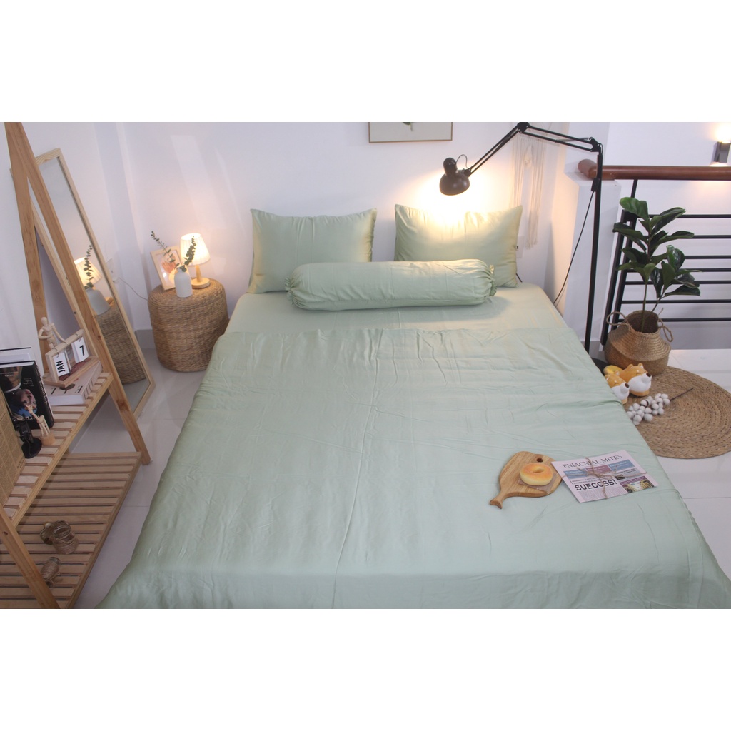 Bộ Chăn drap gối Tencel 60S màu trơn cao cấp mềm mại mịn màng vải nằm siêu mát- Mẫu XanhMatcha