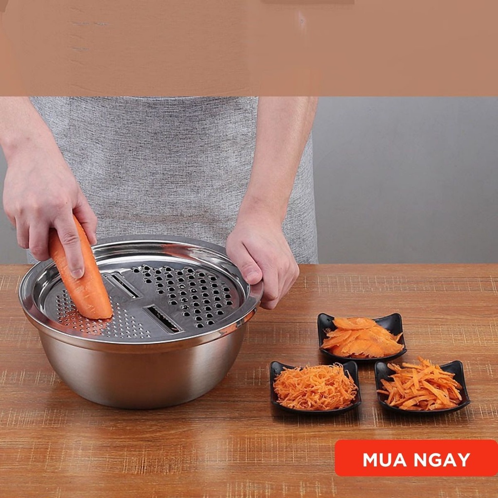 Bộ dụng cụ nạo rau củ inox cao cấp không gỉ nhiều chức năng bào cắt rau củ quả rổ để ráo nước sử dụng cho nhà bếp