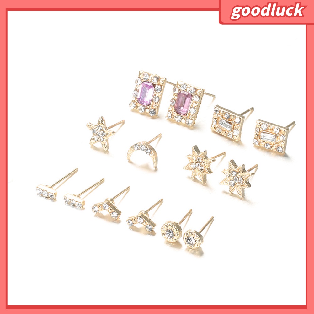 Set 7 đôi khuyên tai hình ngôi sao/mặt trăng đính kim cương nhân tạo cho nữ