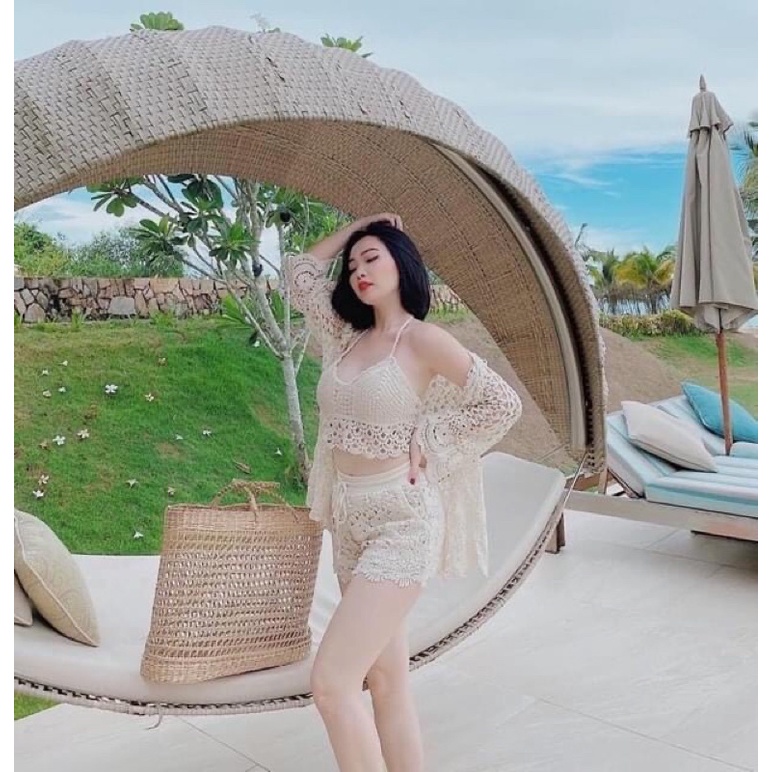 Bikini đồ bơi nữ đi biển len đồng xu mix quần len đai thun