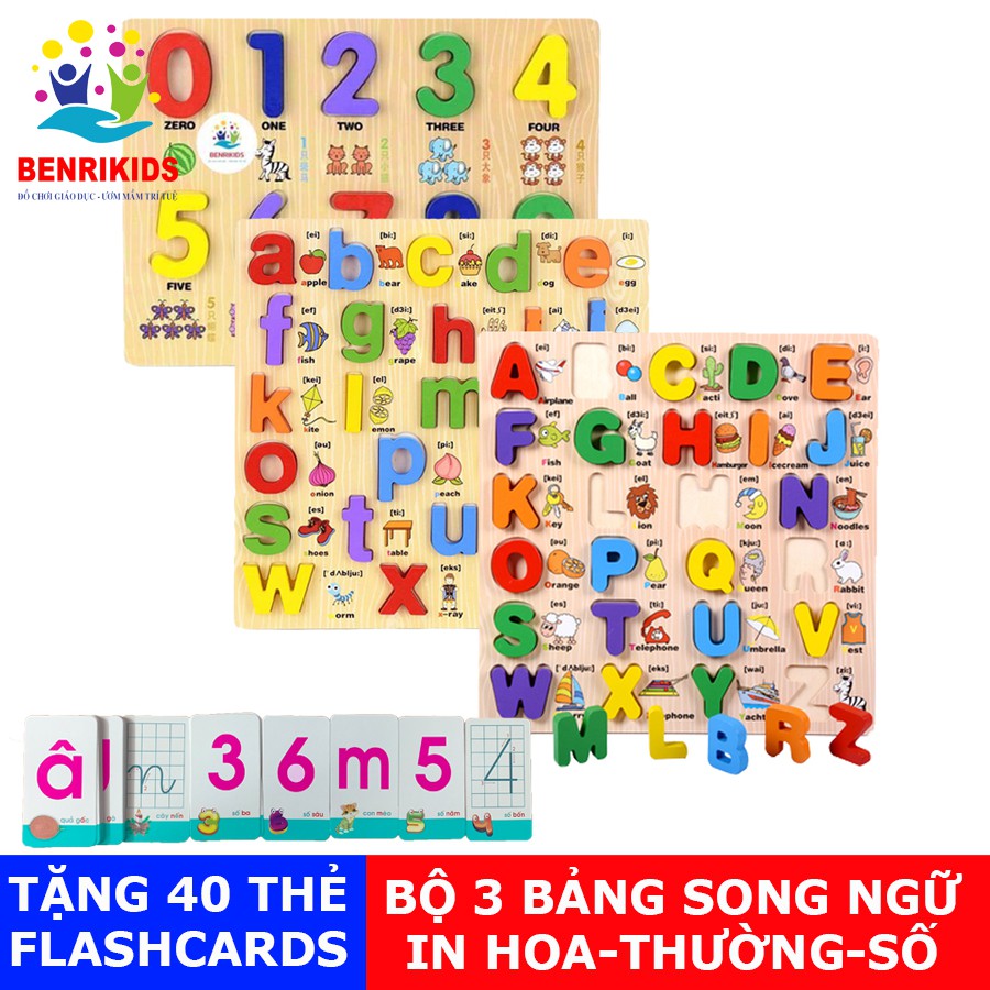 Bộ 3 Bảng Chữ Cái In Thường In Hoa Và Số Học Nổi Song Ngữ Bằng Gỗ Cao Cấp Tặng 40 Thẻ Học