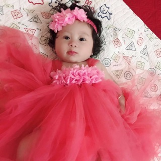 Set 3 món: váy+ phụ kiện tóc+giày hồng cho bé