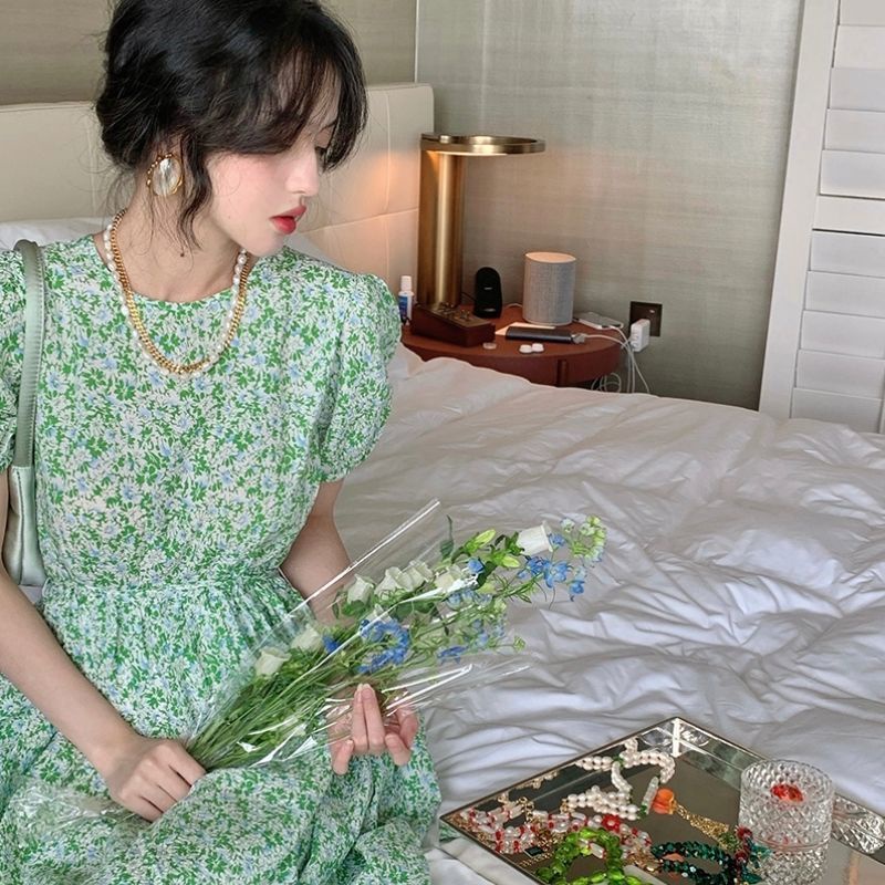 Đầm dài IELGY dáng chữ A lưng cao màu xanh lá kiểu Pháp thời trang hè cho nữ