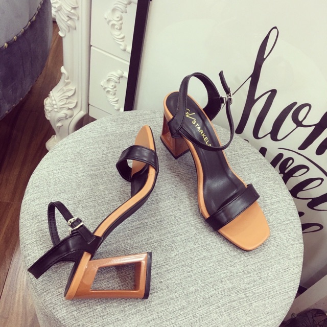 Ảnh thật - GIÀY SANDAL CÔNG SỞ QUAI NGANG DA LÌ GÓT NÂU LỖ HOT HIT