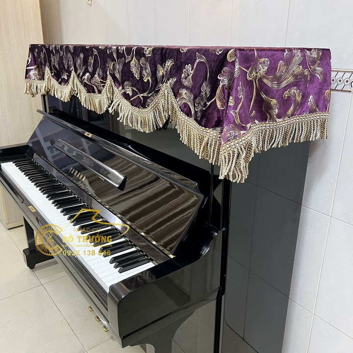 Com bo tặng 3 khăn lau phím , Khăn phủ Đàn Piano Nhung Tím Lá Ánh Kim