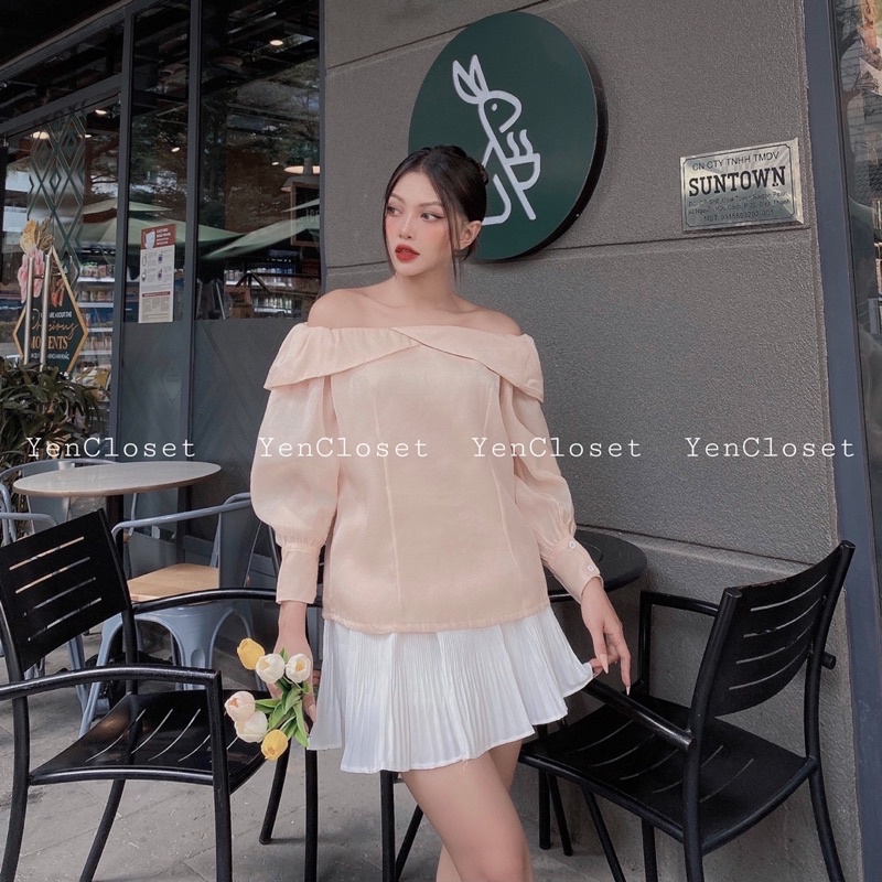 Hình chính chủ - Áo trễ vai sang chảnh hàng thiết kế . Có chân váy, vui lòng note size S M L
