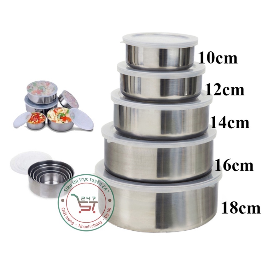 Bộ 5 Thố inox đựng thực phẩm đủ kích thước Hộp đựng thức ăn tiện lợi trong gia đình
