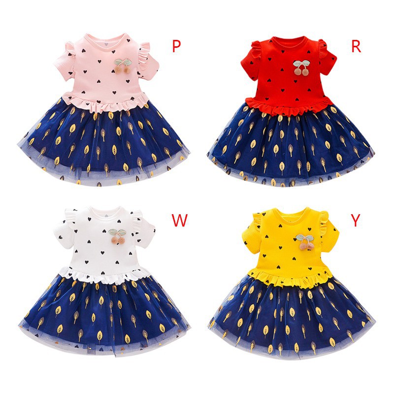 Đầm ngắn tay in họa tiết trái tim đáng yêu dành cho bé gái