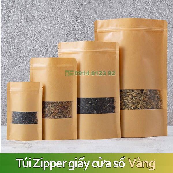 Túi zipper giấy karft cửa sổ Vàng