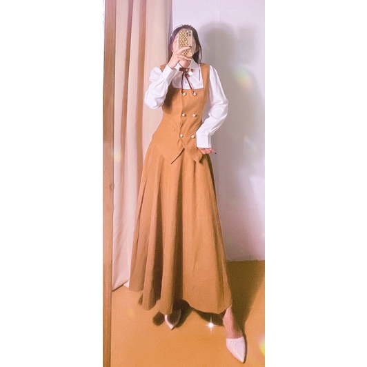 (Hàng có sẵn) Váy retro, áo sơ mi cổ thắt nơ, kèm áo gile kiểu dáng cổ điển, phong cách vintage, kiểu Pháp | BigBuy360 - bigbuy360.vn