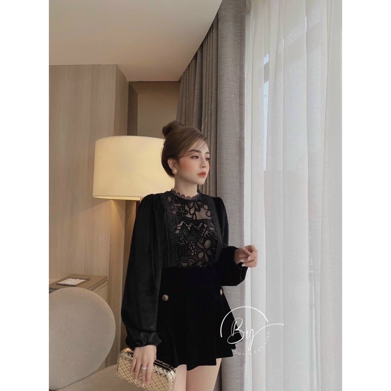 Đầm áo nhung ren chân váy