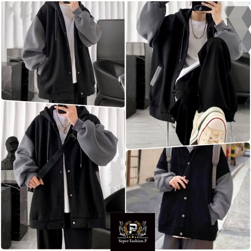 Áo Khoác Hoodie Nút Bấm Phối Tay Hai Màu Sành Điệu Thời Trang - Super Fashion P