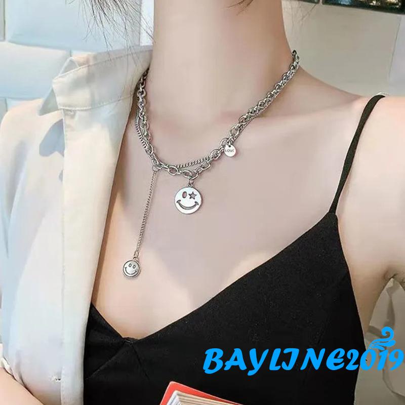 Bay-Women Layered Jewelry, Alloy Smile Face Charm Chain Necklace for Ladies, Gift for Girlfriend and Mother, Silver