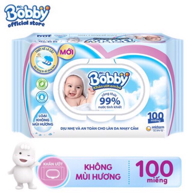 Combo 10b khăn ướt bobby không mùi( xanh) loại 100 tờ