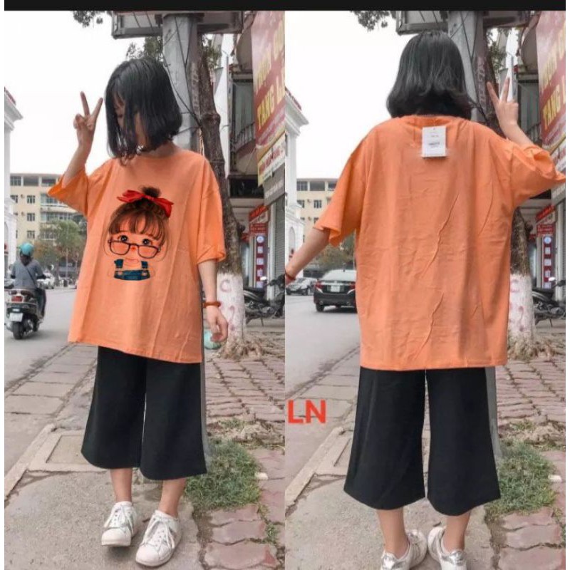 sét 2 món áo thun cô gái đeo kính kèm quần ống rộng lửng