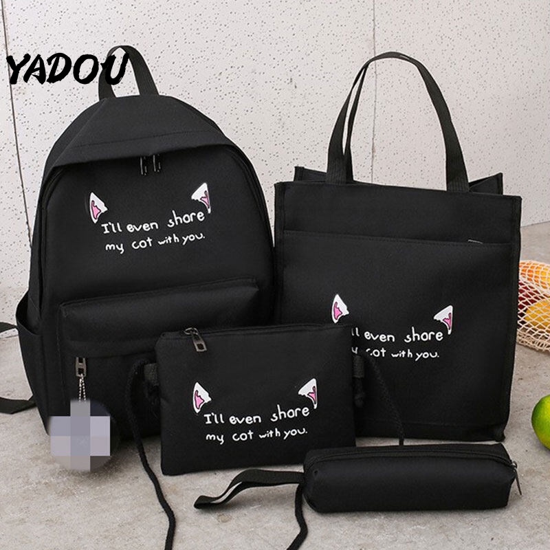 Set 4 món yadou gồm ba lô + túi đeo chéo + ví in họa tiết thời trang sức chứa lớn cho nữ