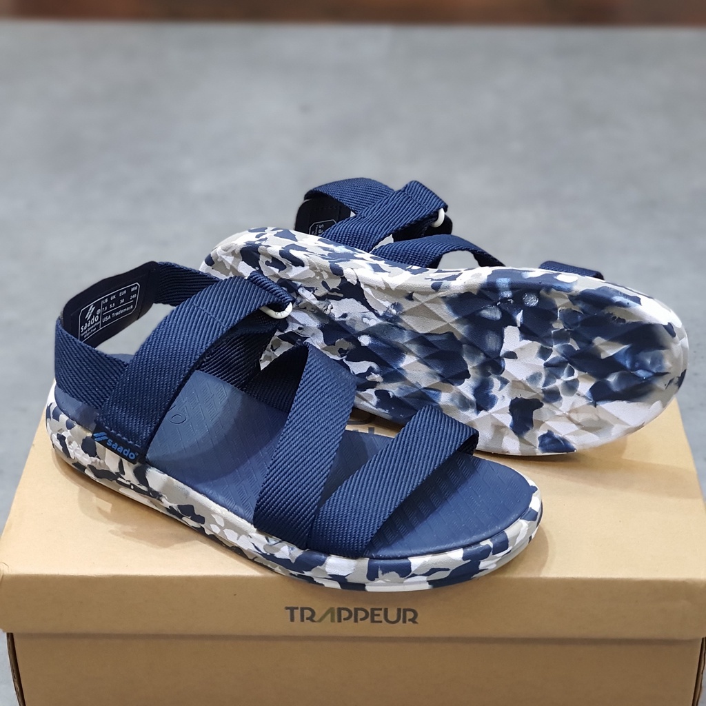 Sandal Saado chính hãng CL02 màu xanh navy đế rằn ri Đội Quân Viking, Dép quai hậu nam nữ đi học đi làm