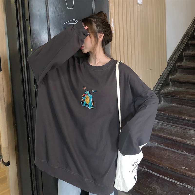 【ZHELIHANGFEI】Áo Thun Sweater Cổ Tròn Tay Dài Dáng Rộng In Họa Tiết Xinh Xắn