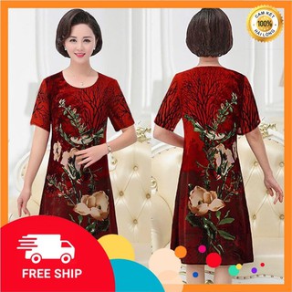 Đầm dự tiệc trung niên - Đầm suông cổ tròn in hoa và chim