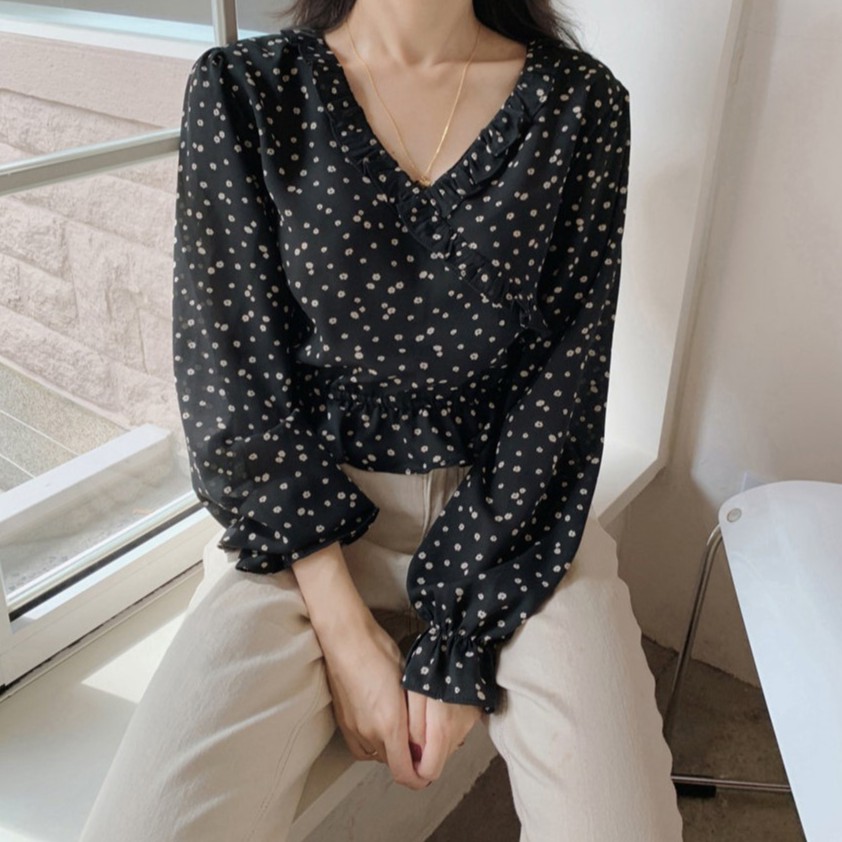 Áo Kiểu Tay Dài Hoạ Tiết Hoa Thiết Kế Cổ Chữ V Nữ Tính 30874