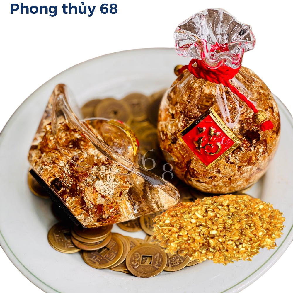 Bộ kích hoạt tài lộc phong thủy túi vàng đĩnh vàng đồng xu gạo vàng chiêu tài hút lộc để ban thần tài
