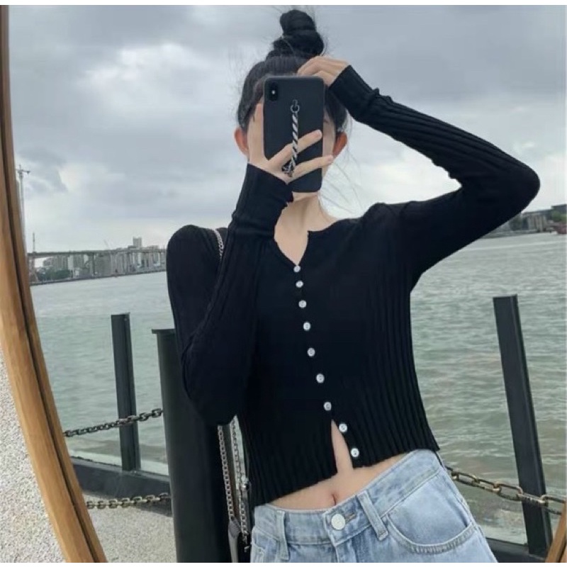 Áo Cadigan Len Tăm Bó Siêu Xinh- Áo len tăm cúc cài hở