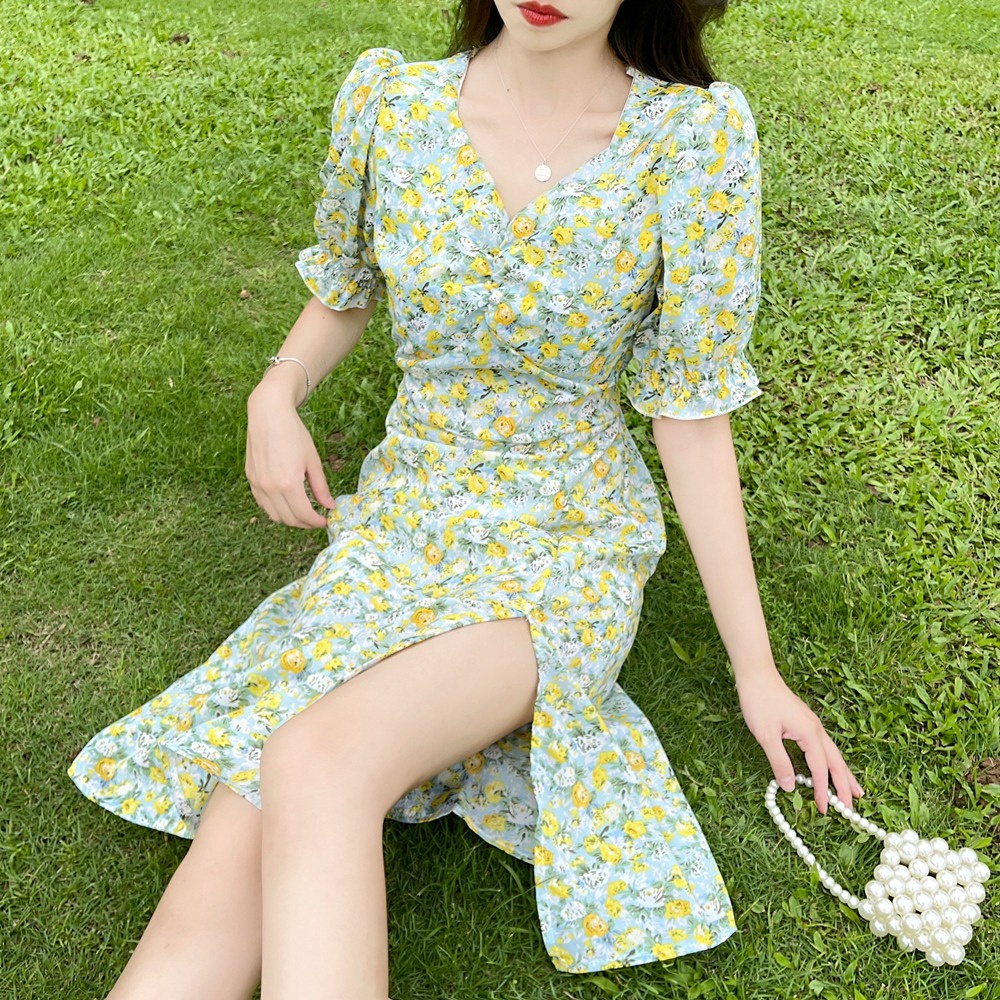 Đầm voan dài ZHELIHANGFEI họa tiết hoa phong cách quyến rũ thời trang