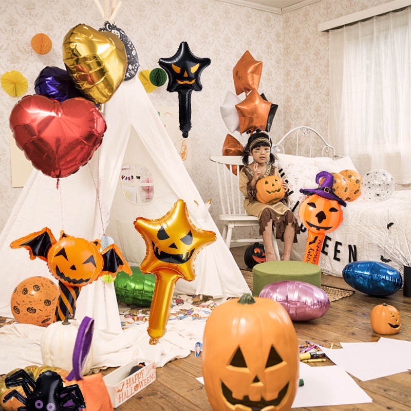 (Meteorite) Bong Bóng Bơm Hơi Hình Bí Ngô / Ngôi Sao / Nhện Cầm Tay Bằng Màng Nhôm Trang Trí Tiệc Halloween