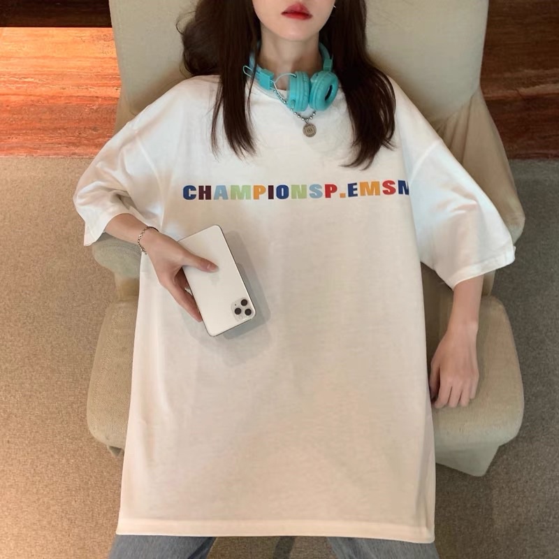 [ Ảnh Thật ] Áo thun tay lỡ phông rộng Ulzzang hoạ tiết in chữ Championsp - Unisex nam nữ đều mặc được