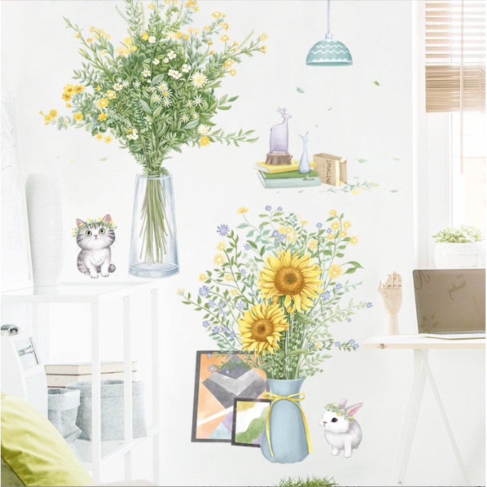 Decal trang trí tường - Chú mèo con nhỏ và chú thỏ đứng cạnh 2 bình hoa