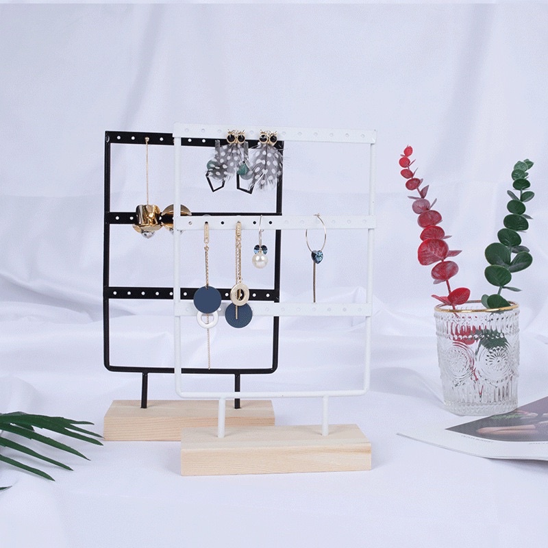 Kệ treo bông tai móc treo đồ trang sức bằng gỗ sắt rèn đồ trang sức vòng cổ hoa tai giá kệ trưng bày 24 lỗ đen và trắng