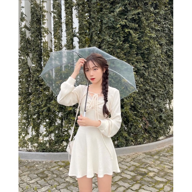 SET ĐẦM TRẮNG NHÍU GẮN NÚT + ÁO KHOÁC CROPTOP TRẮNG