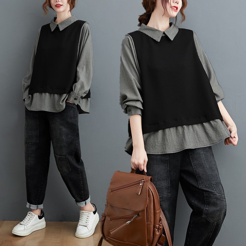 B148 Áo thu đông bigsize phối cổ sơ mi cá tính